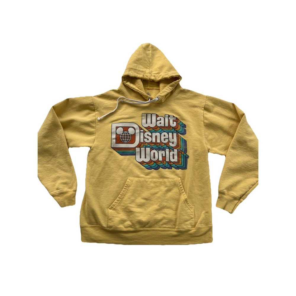 Disney World Hoodie Womens Small Yellow Retro Rainbow Graphic Pullover
